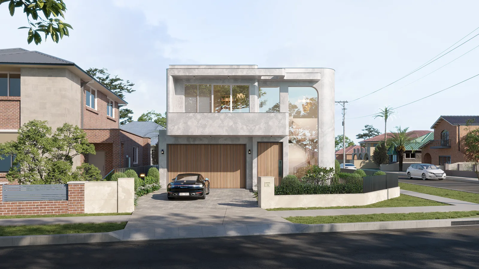Architectural render of a two-storey custom home at dusk